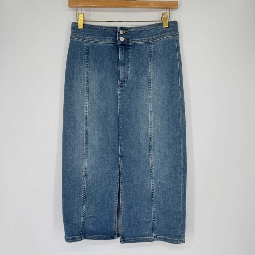 We The Free Denim Midi Skirt 28 Cotton Blend Front Slit Seamed 90s Minimal Indie